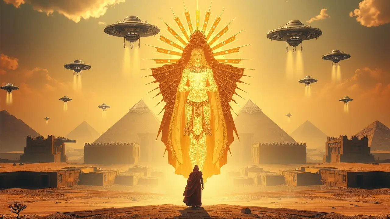 Anunnaki em cidade futurista