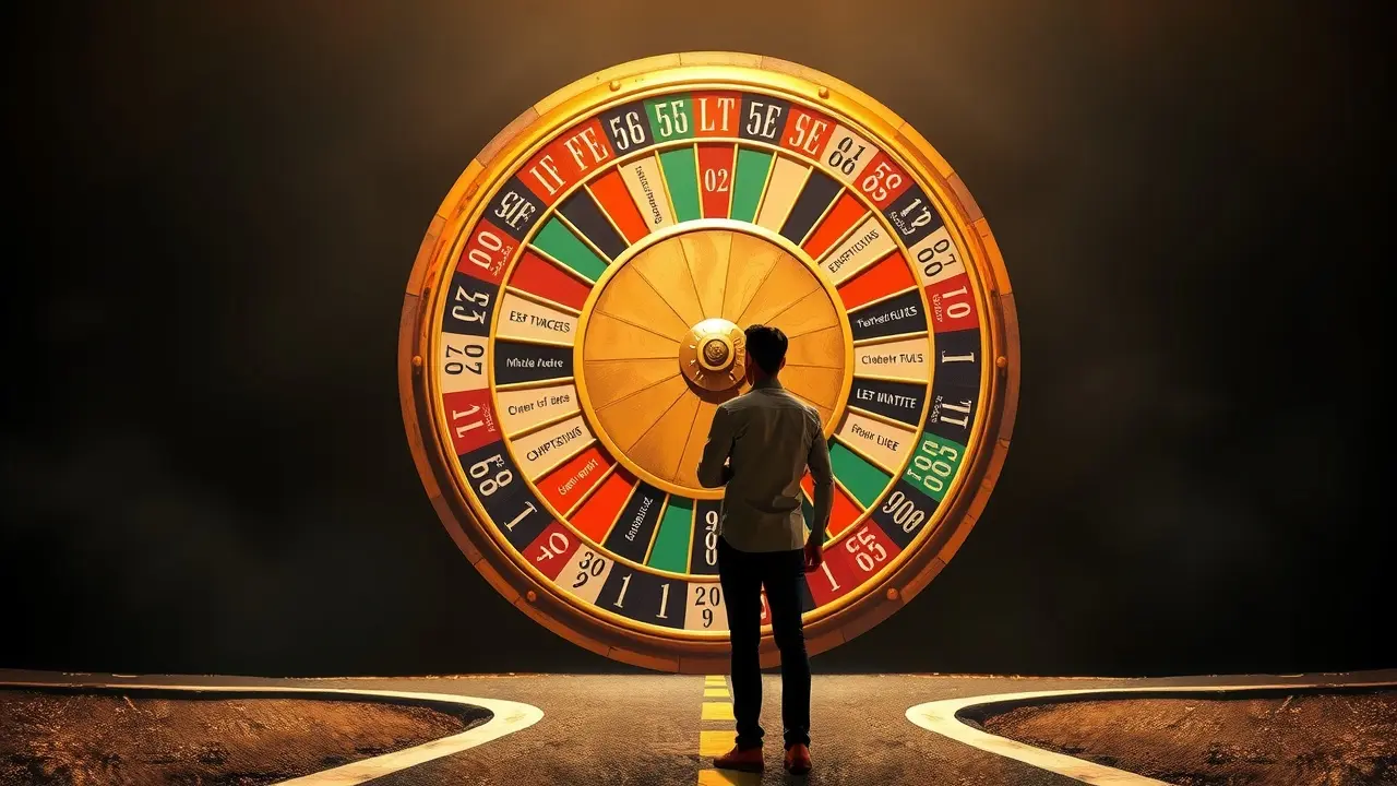 Homem contemplando roleta de decisões