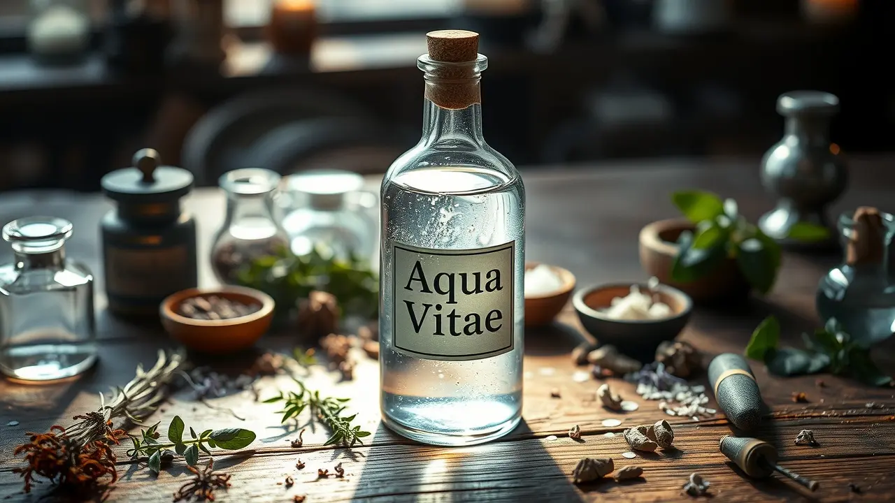 Sonhar com Aqua Vitae: Descubra o Significado e as Interpretações Garrafa de Aqua Vitae em ambiente místico