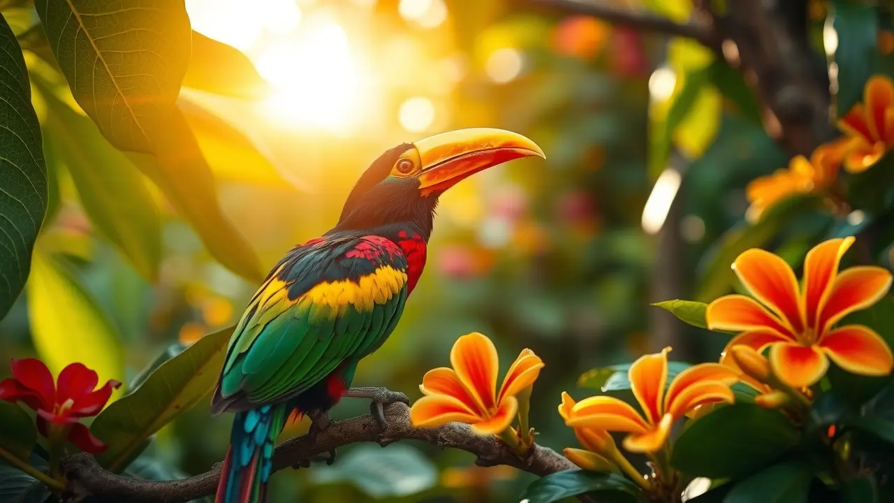 Aracari pousado em galho na floresta tropical