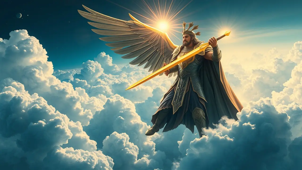 Significado de Sonhar com Arcanjo Miguel: Proteção e Força Espiritual Arcanjo Miguel em armadura dourada com espada flamejante.