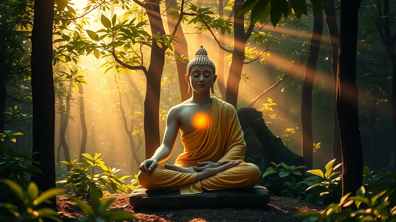 Arhat meditando em floresta iluminada