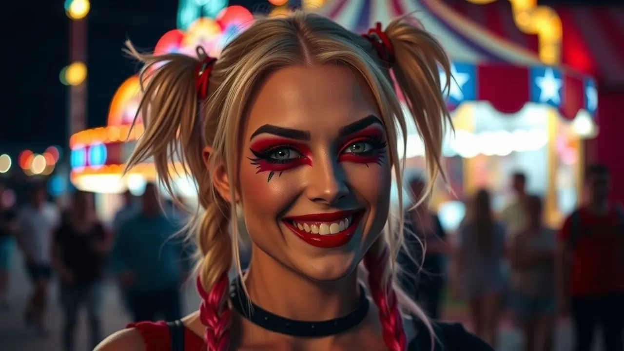 Mulher com maquiagem da Arlequina