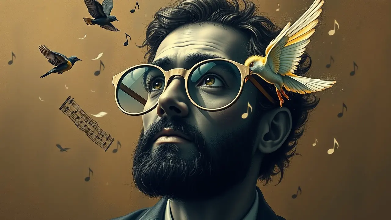 Sonhar com Arnaldo Antunes: Desvende os Significados Ocultos Homem cercado por palavras e símbolos musicais