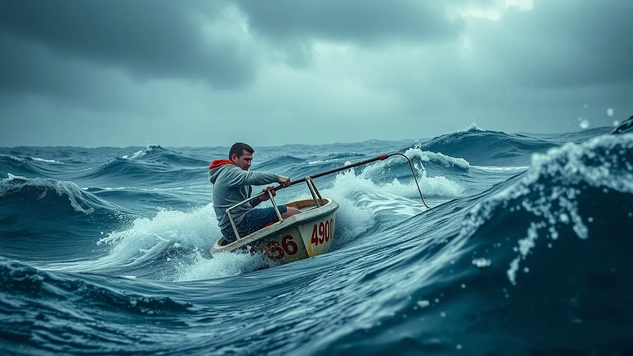 Homem com arpão em mar revolto
