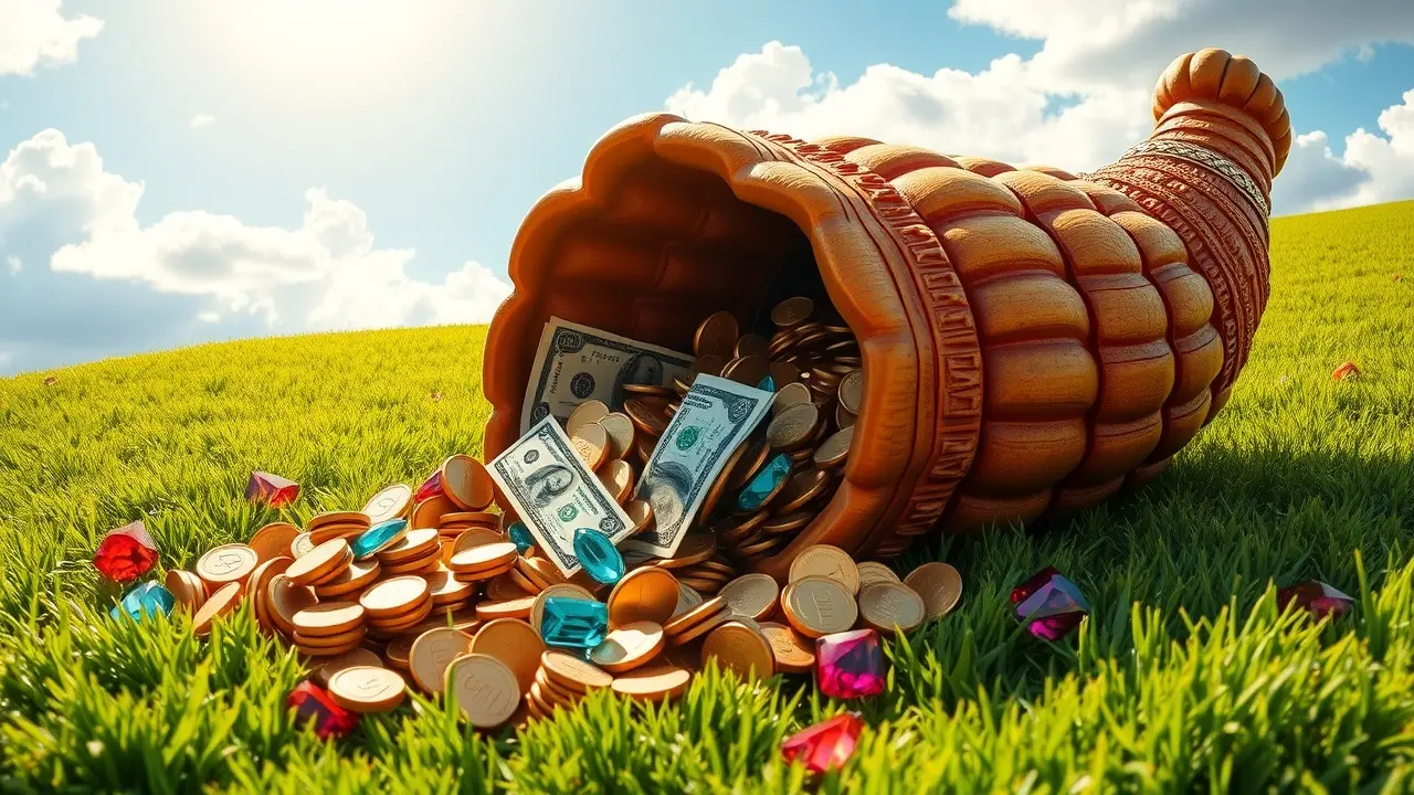 Sonhar com Arrecadação: Desvende os Significados Ocultos Cornucópia de dinheiro e joias simbolizando abundância