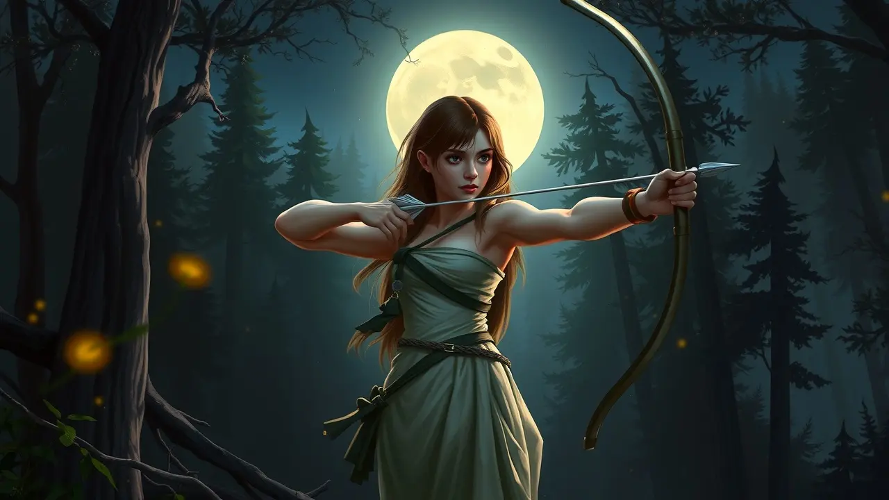Deusa Ártemis na floresta à noite