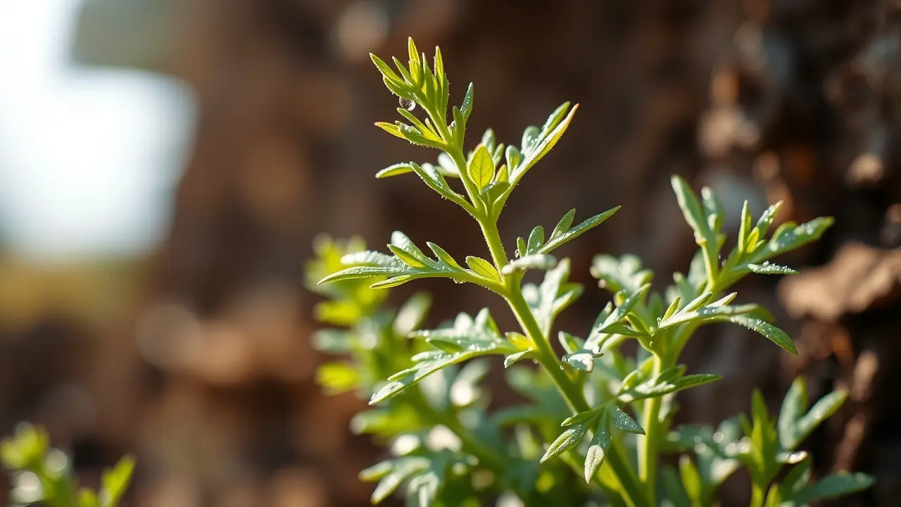 Artemísia verdejante com gotas de orvalho
