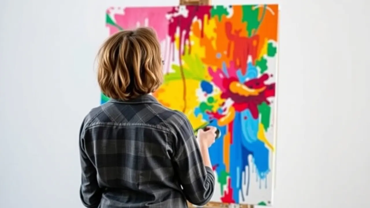 Pessoa pintando uma tela colorida, expressando alegria e criatividade