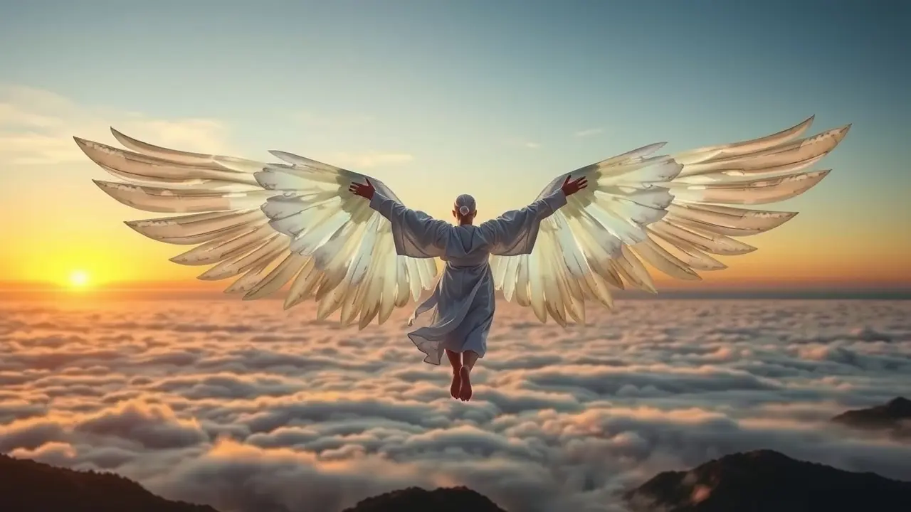 Pessoa voando com grandes asas brancas