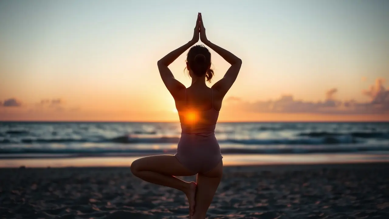 Mulher praticando yoga na praia ao pôr do sol