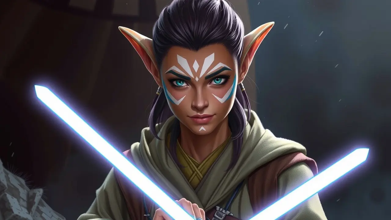 Mulher togruta Jedi com sabres de luz