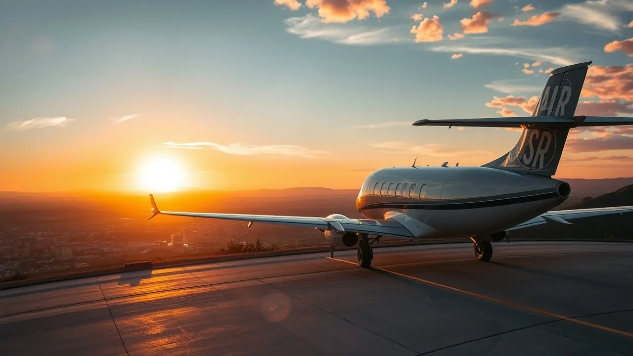 Avião aterrissando ao pôr do sol