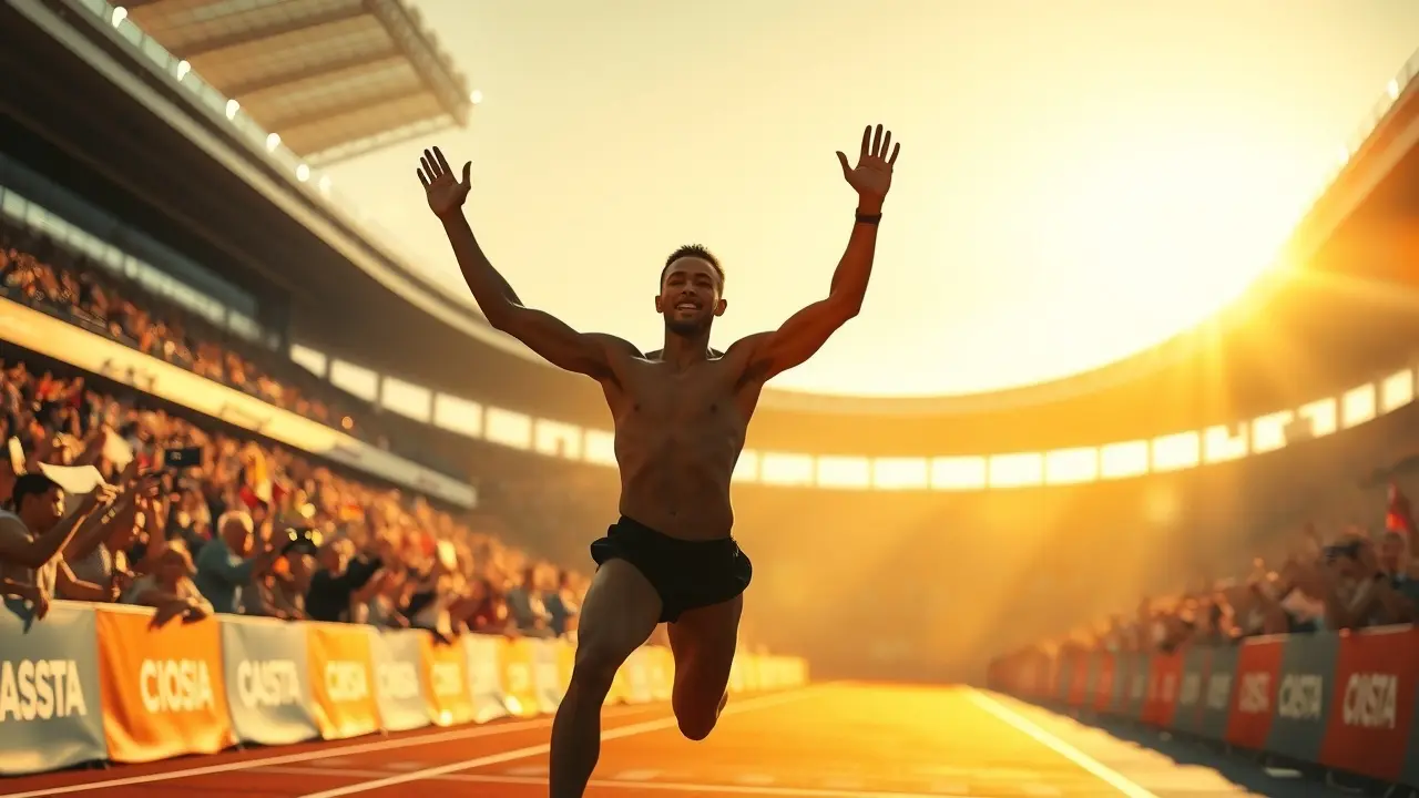 Atleta cruzando a linha de chegada em vitória