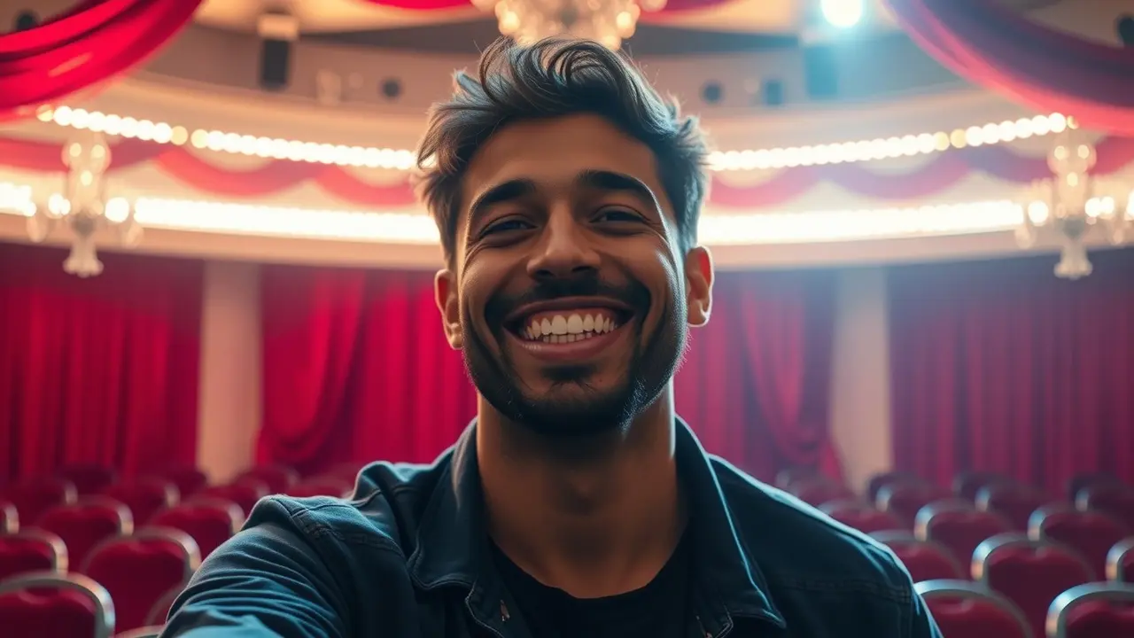 Ator sorrindo no palco