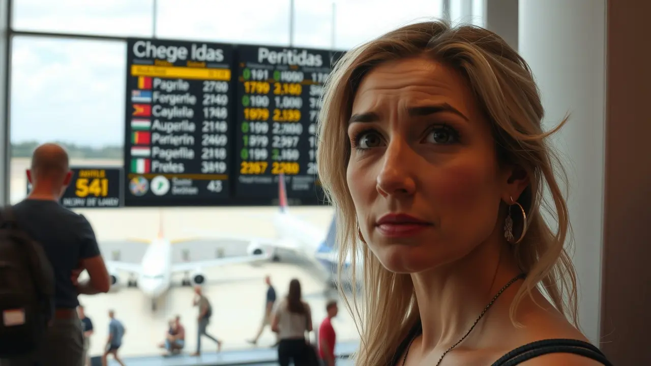 Mulher preocupada olhando painel de voos atrasados no aeroporto
