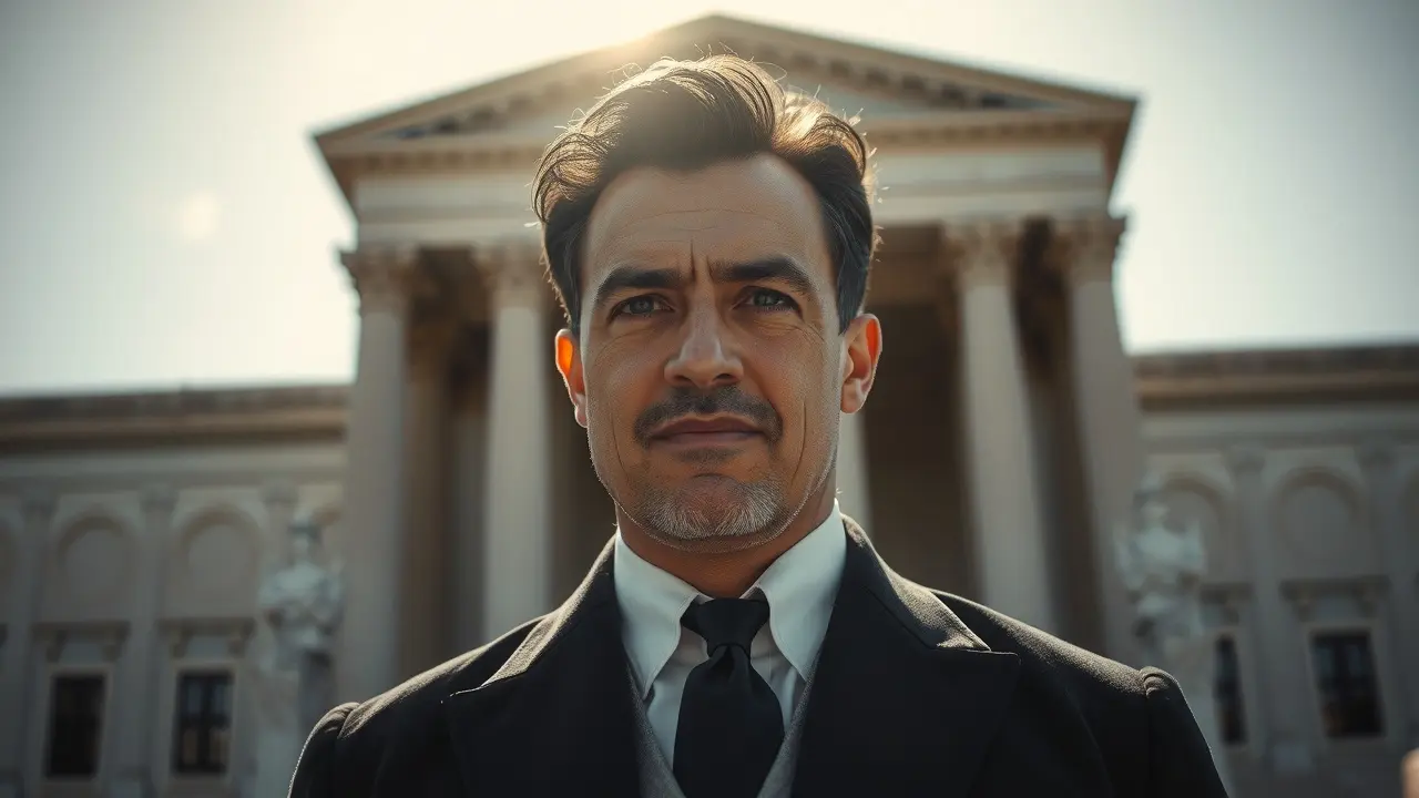 Sonhar com Atticus Finch: Descubra o Significado Profundo Homem vestido como advogado em frente a um tribunal