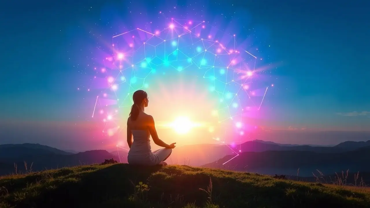 Pessoa meditando com aura colorida