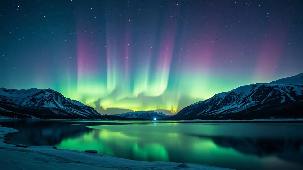 Aurora boreal em um lago