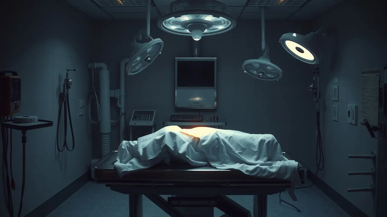 Sonhar com Autópsia: Descubra o Significado e as Interpretações Ilustração de uma sala de autópsia com instrumentos e um corpo coberto por um lençol branco.
