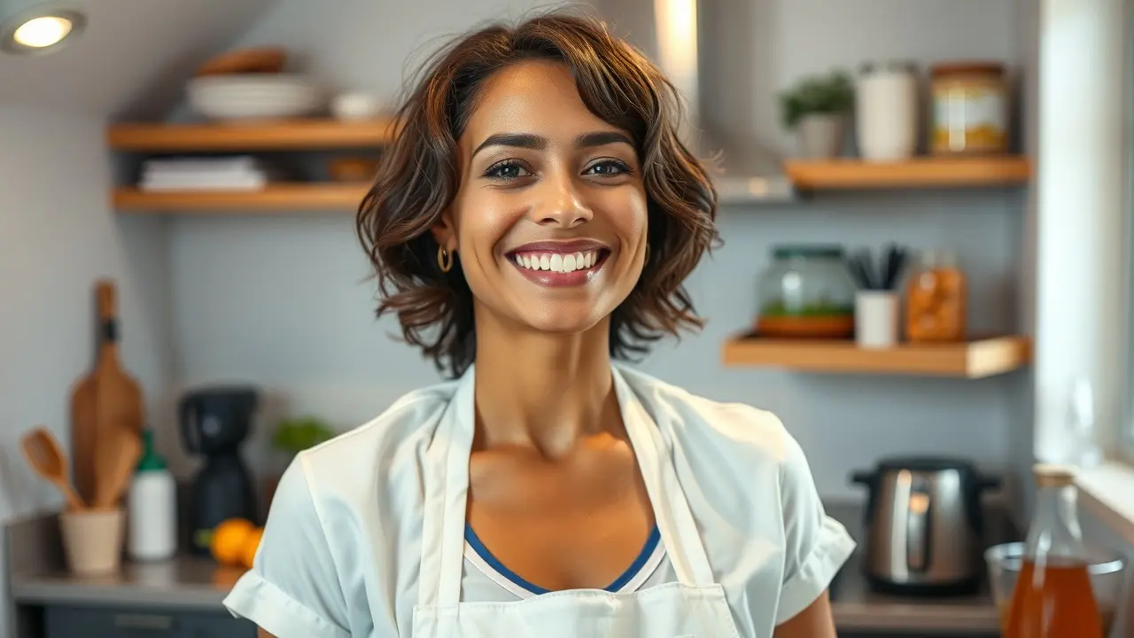 Pessoa sorrindo com avental limpo