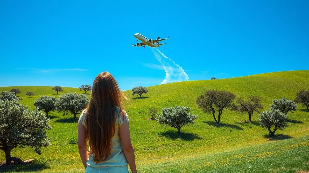 Homem observando avião no céu