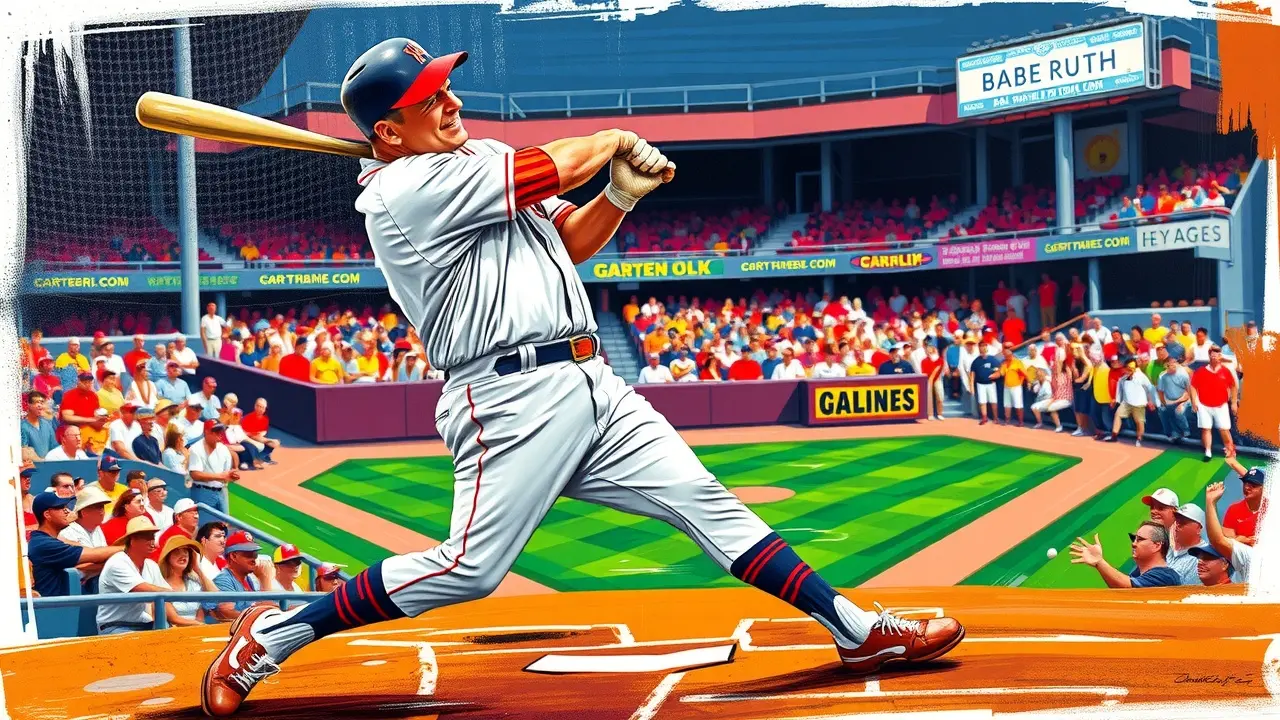 Sonhar com Babe Ruth: Decifre o Significado e a Simbologia Pintura vibrante de Babe Ruth rebatendo uma bola