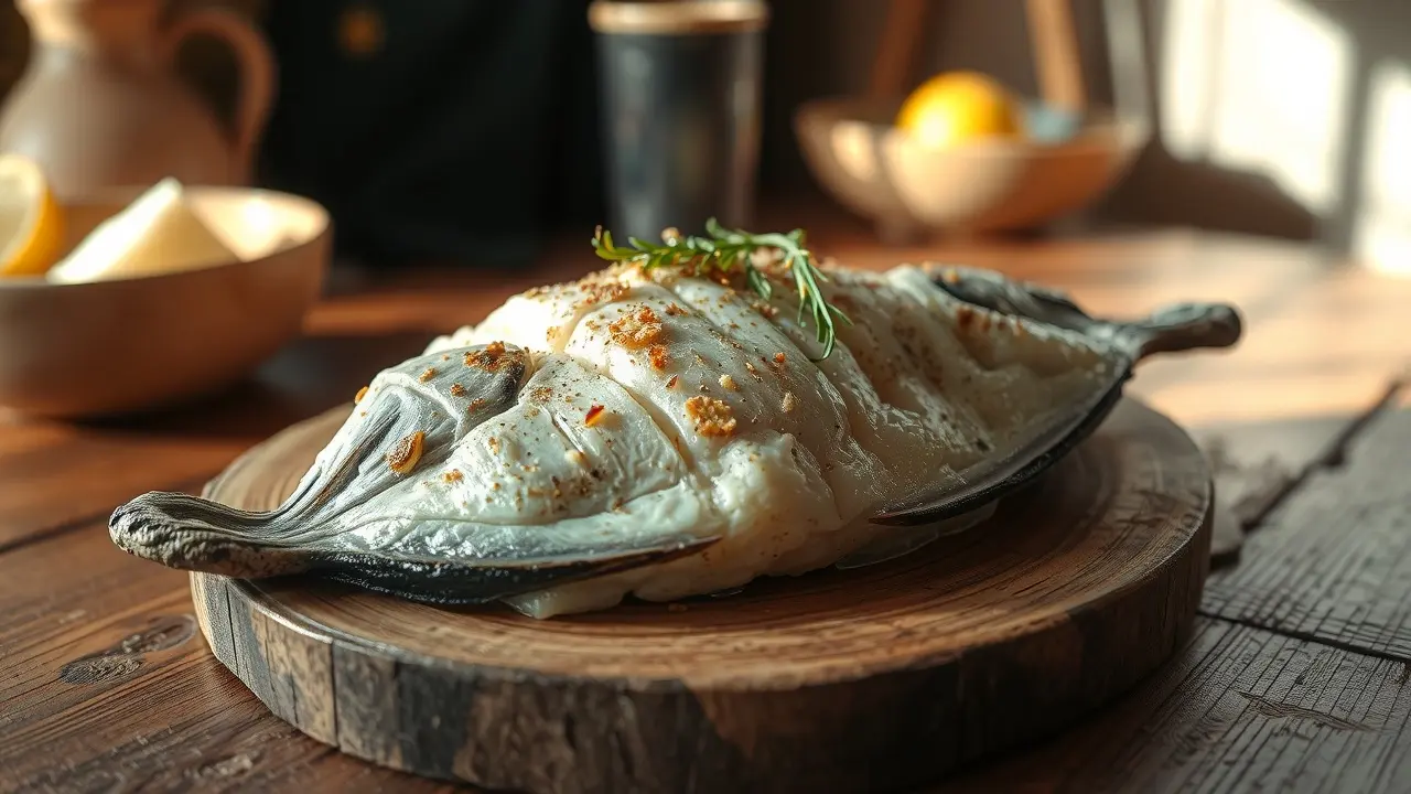 Bacalhau salgado e seco sobre mesa de madeira