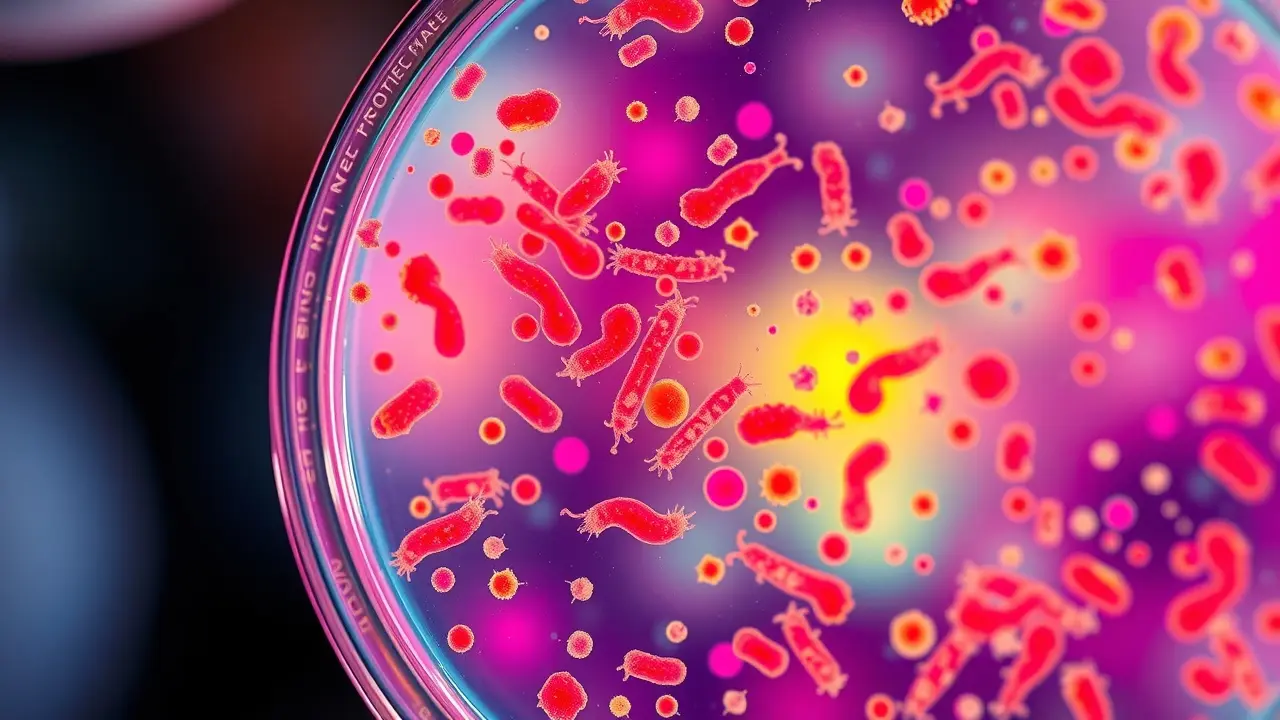 Imagem de bactérias coloridas crescendo em uma placa de Petri