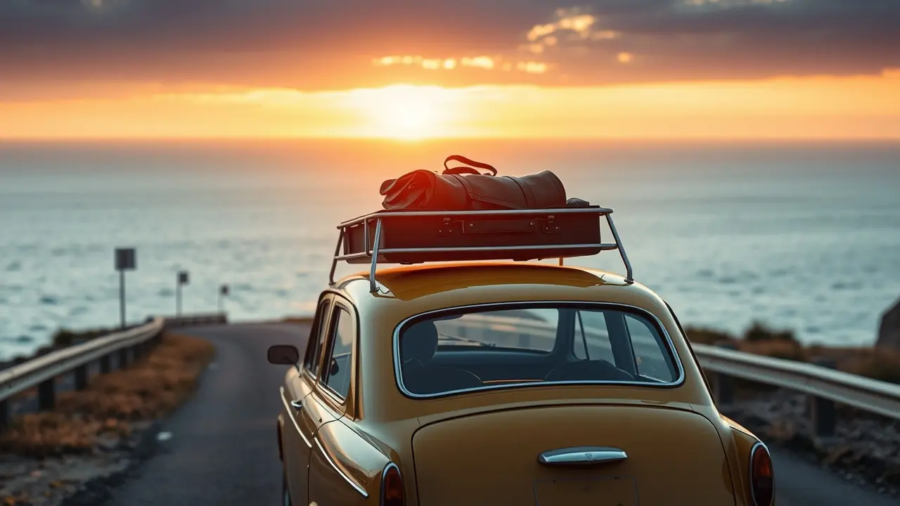 Carro com bagageiro ao pôr do sol