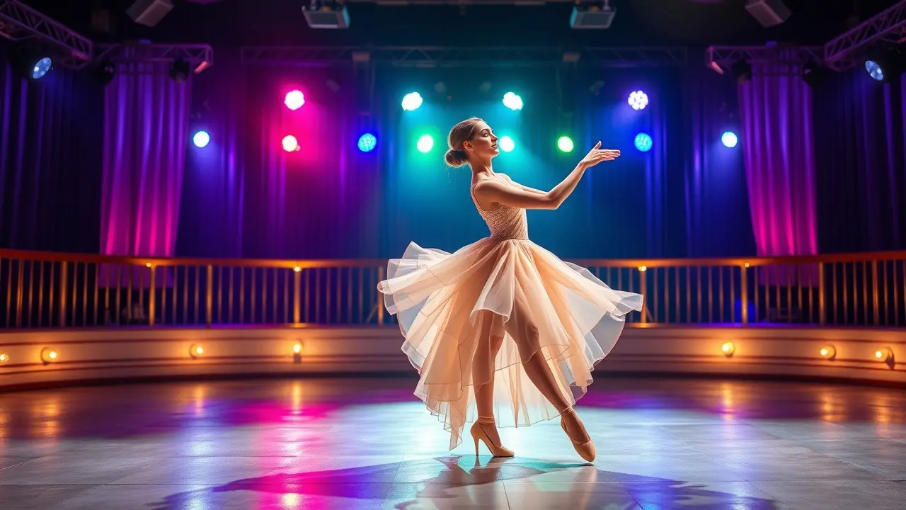 Bailarina dançando em palco iluminado