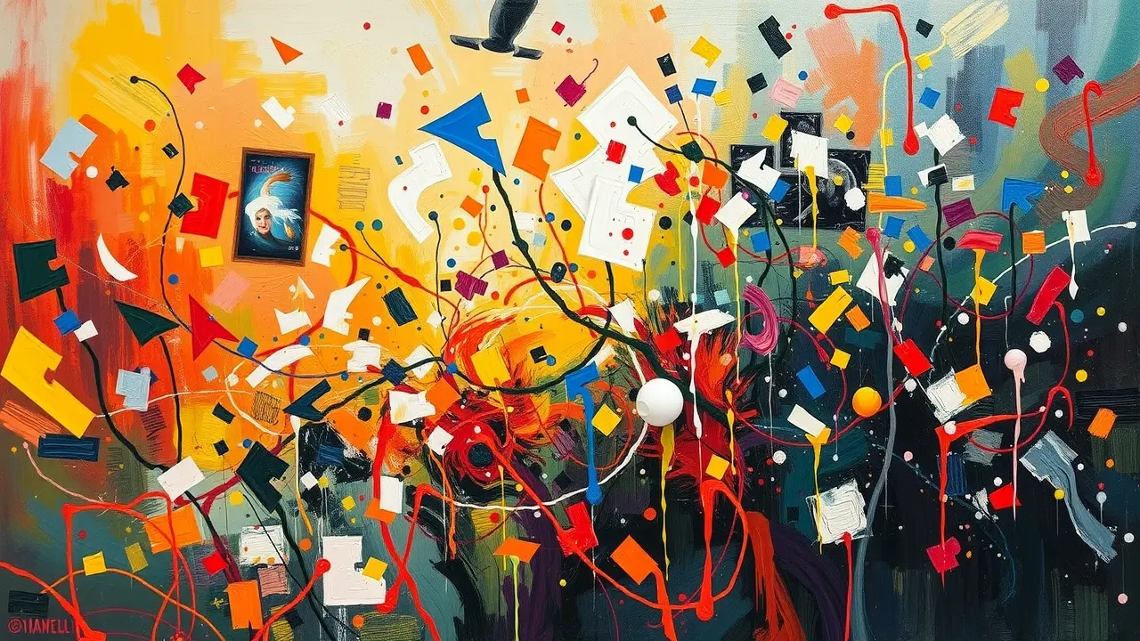 Pintura abstrata de uma cena caótica e colorida.