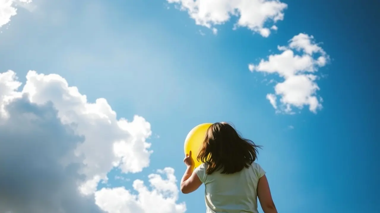 Pessoa segurando balão colorido olhando para o céu