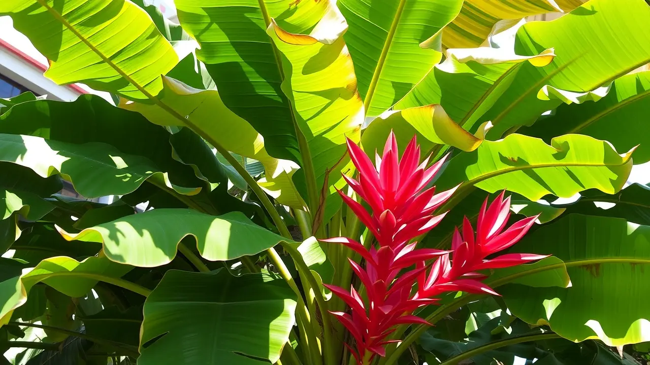 Bananeira ornamental exuberante em jardim ensolarado