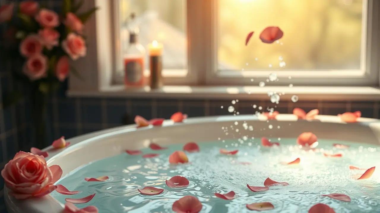 Banheira com pétalas de rosas e velas