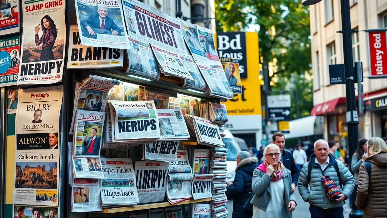 Sonhar com Banquinha de Jornal: Desvende os Significados Ocultos Ilustração de uma banquinha de jornal com manchetes coloridas