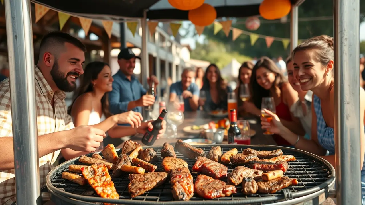 Pessoas celebrando em um churrasco ao ar livre.