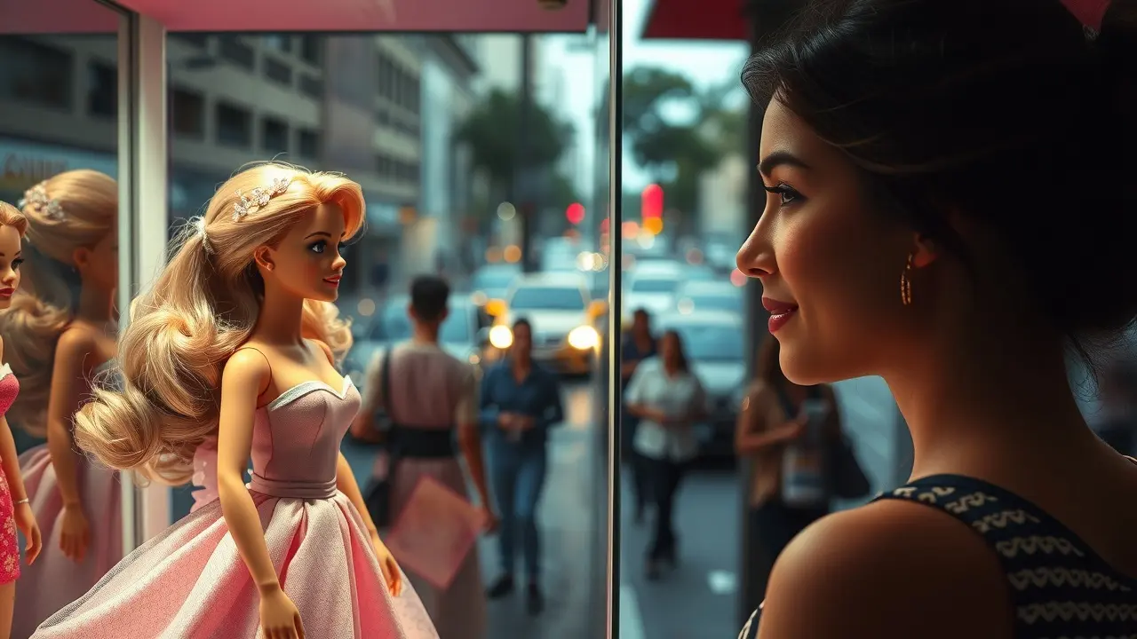 Mulher observando Barbie em vitrine