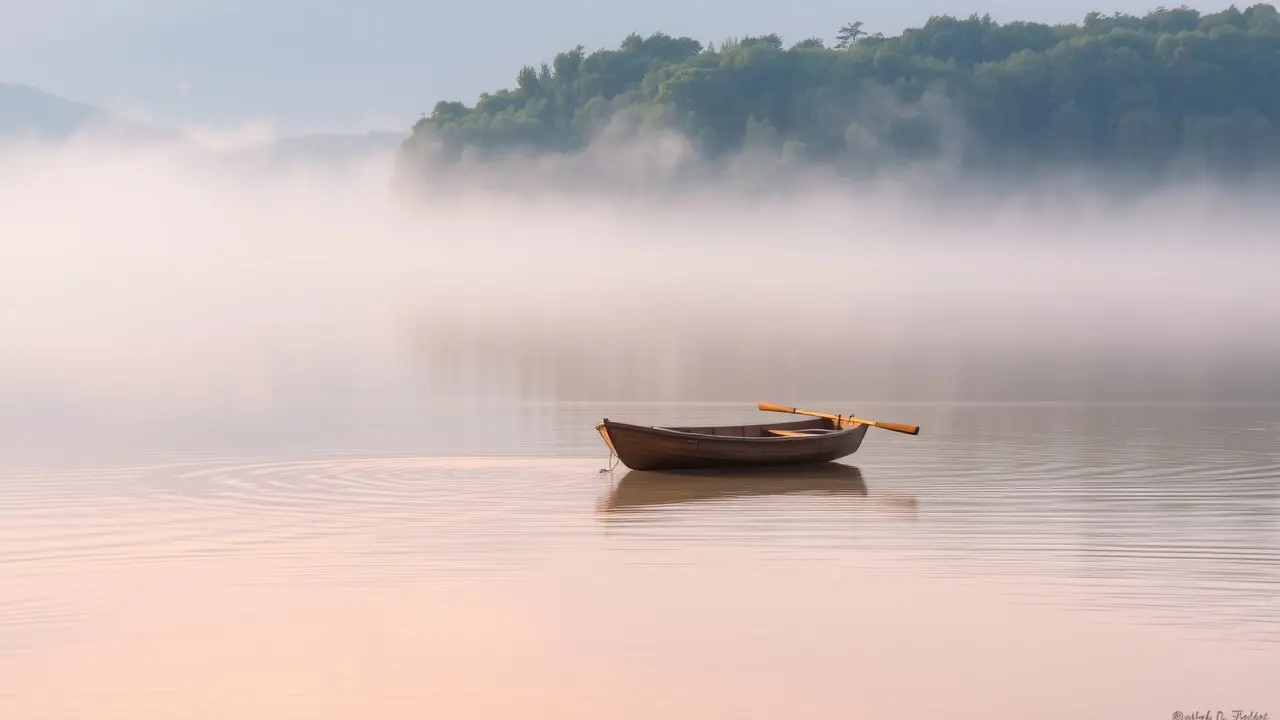 Barco a remo em lago calmo ao amanhecer