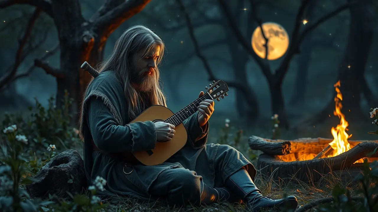Sonhar com Bardo: Descubra o Significado e as Interpretações Bardo tocando alaúde na floresta sob a luz da lua