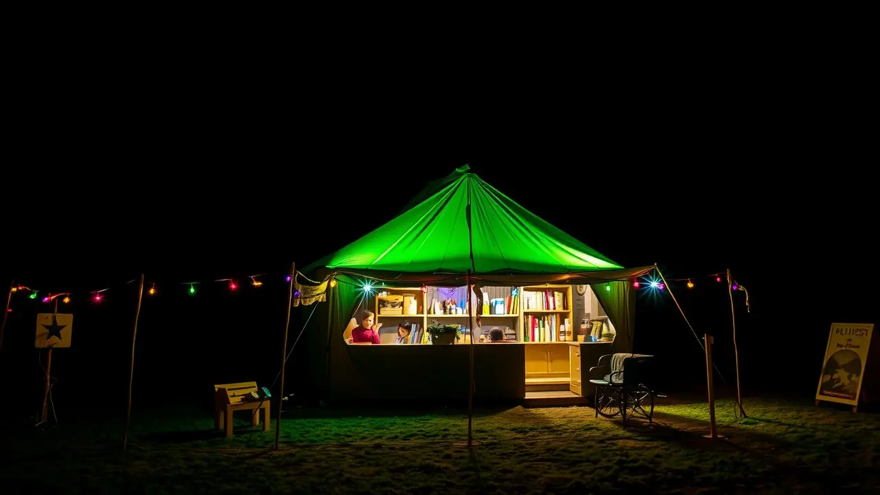 Barraca iluminada em acampamento noturno