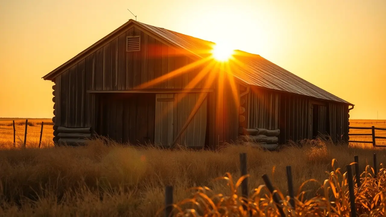 Imagem de um barracão rústico ao entardecer