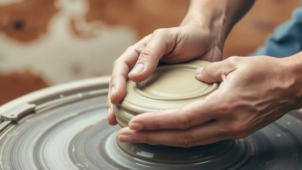 Mãos moldando barro em uma roda de cerâmica