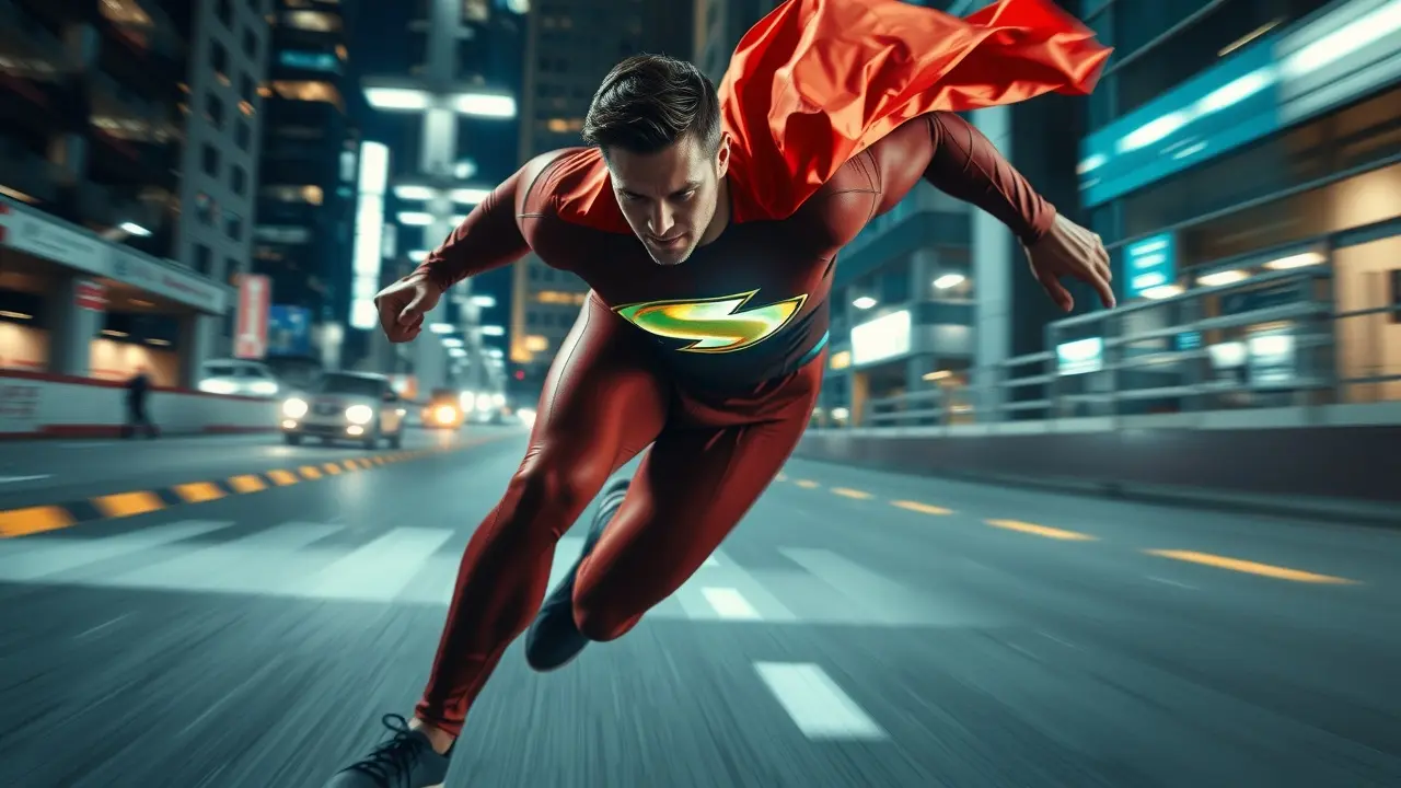 Homem correndo em alta velocidade com traje vermelho e amarelo.