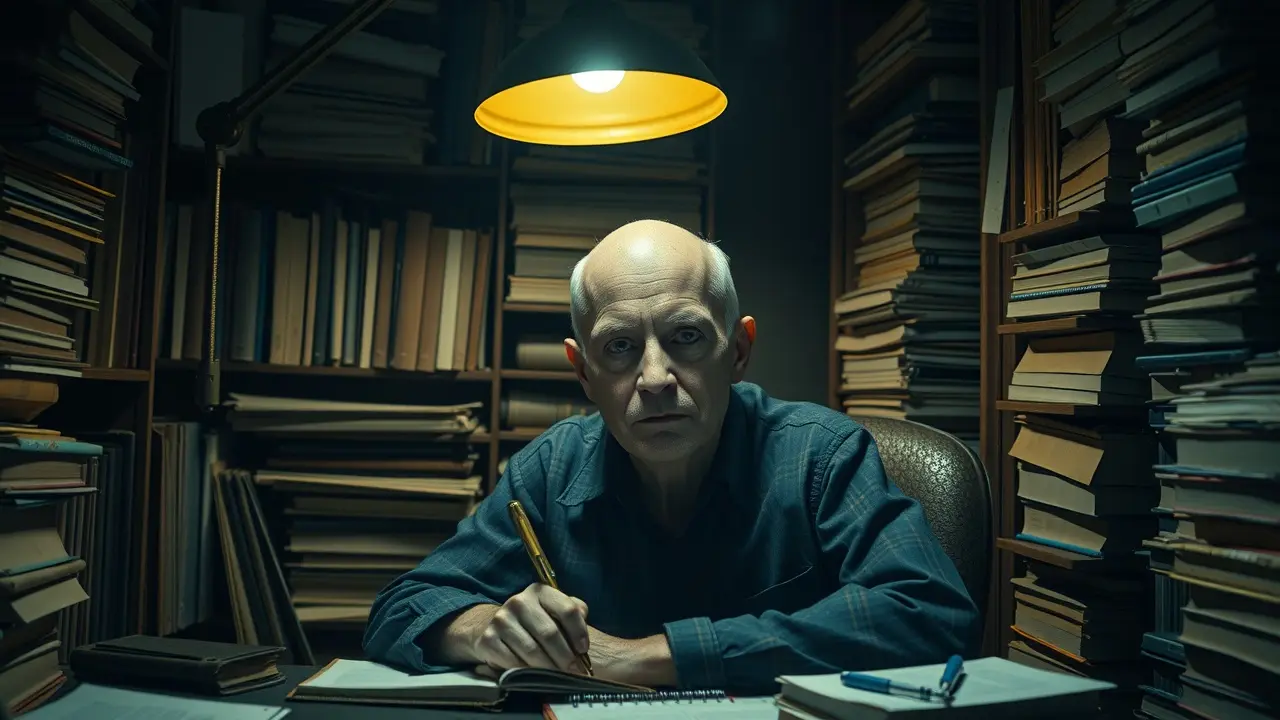 Homem pálido em escritório sombrio