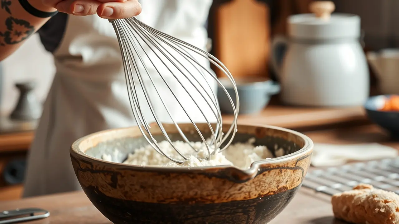 Pessoa batendo ingredientes em uma tigela com um batedor de arame