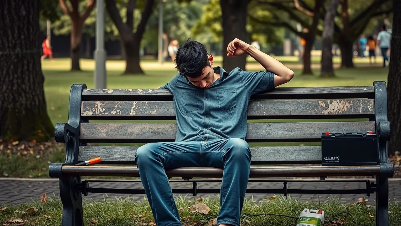 Homem cansado com bateria descarregada