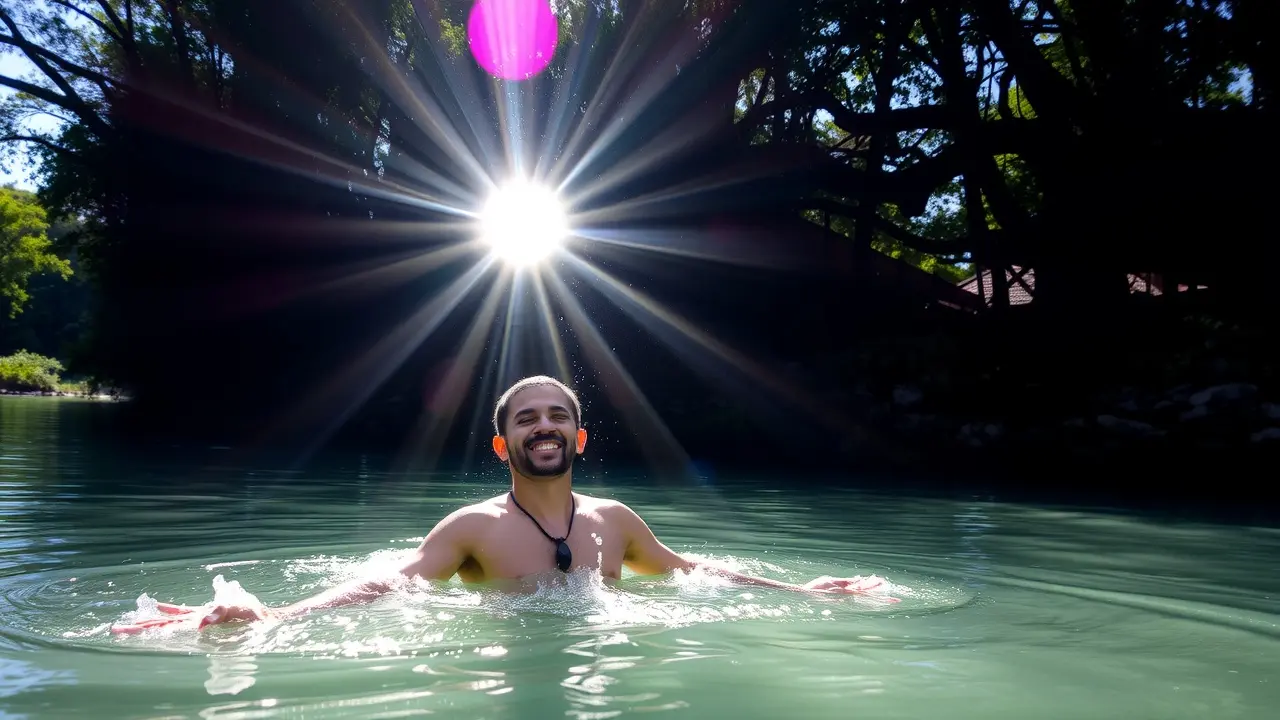 Homem sendo batizado por imersão em rio