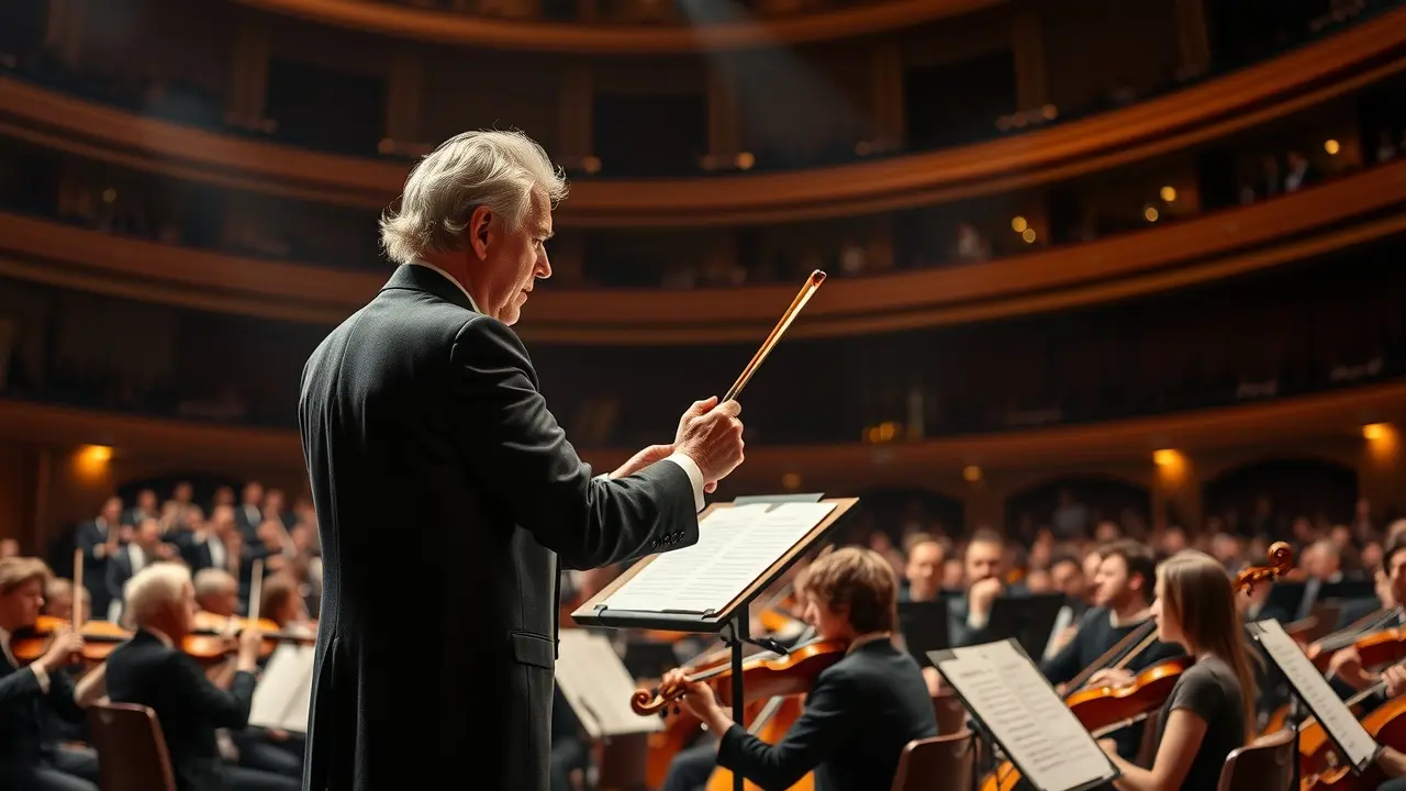 Maestro regendo orquestra com batuta