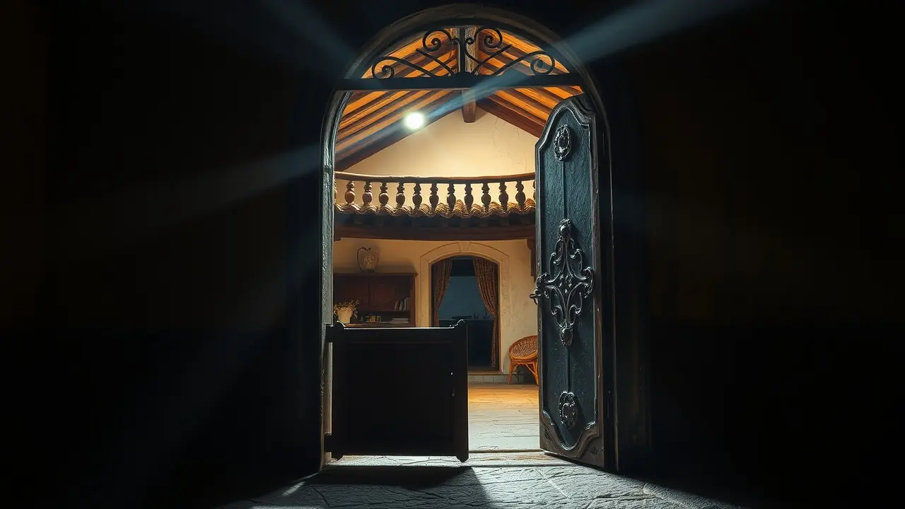 Chave abrindo porta de casa rústica